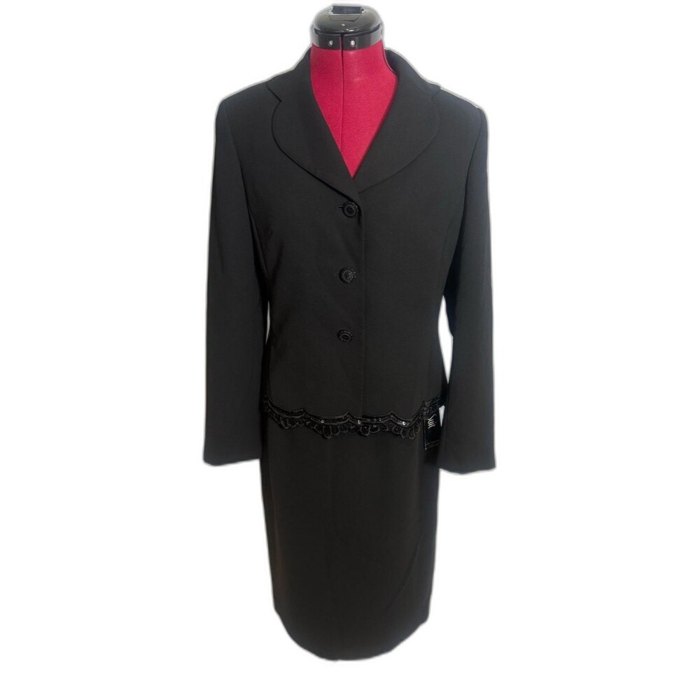 NWT Le Suit Skirt Suit Size 6 Black 2-Piece Set Blazer & Skirt Beaded Accent